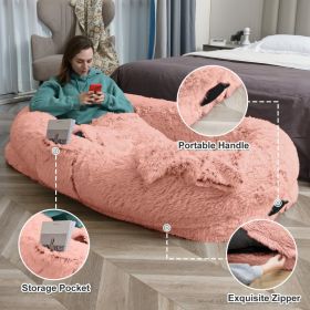 Human Dog Bed - 63 In X 31.4 In X 9.5 In Washable Faux Fur Lounger For Adults & Pets, Cushion With Orthopedic Support, Includes Pillow & Blanket (Option: PINK)