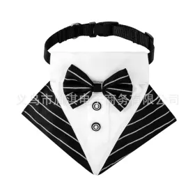wedding suit dog collar pet saliva towel dog wedding triangle scarf (Color: Black and white striped triangular scarf collar suit, size: M)